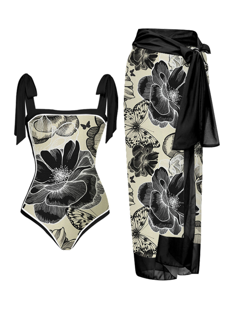1950s Ink Floral Halter One-Piece Swimsuit — vintage elegance for the modern woman