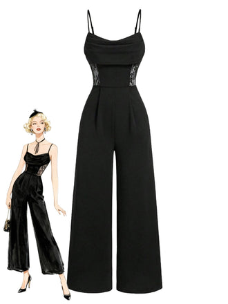 Black 1950s Cowl Neck Sheer Lace Patchwork Solid Jumpsuit - vintage jumpsuit, retro fashion, classic black