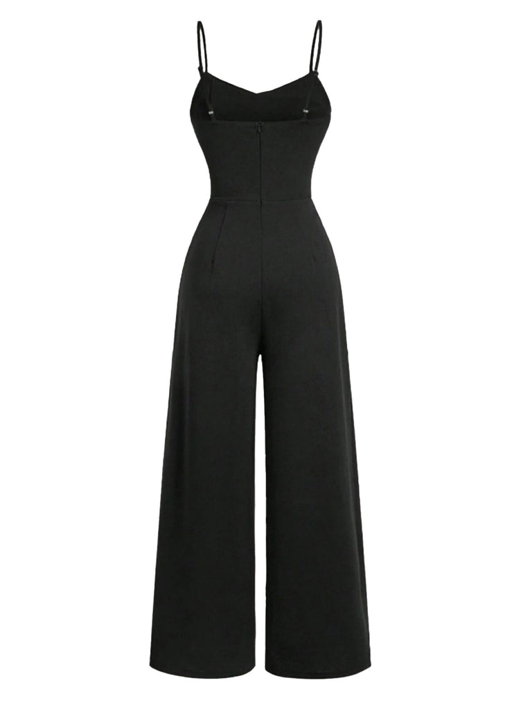 Black 1950s Cowl Neck Sheer Lace Patchwork Solid Jumpsuit - vintage jumpsuit, retro fashion, classic black