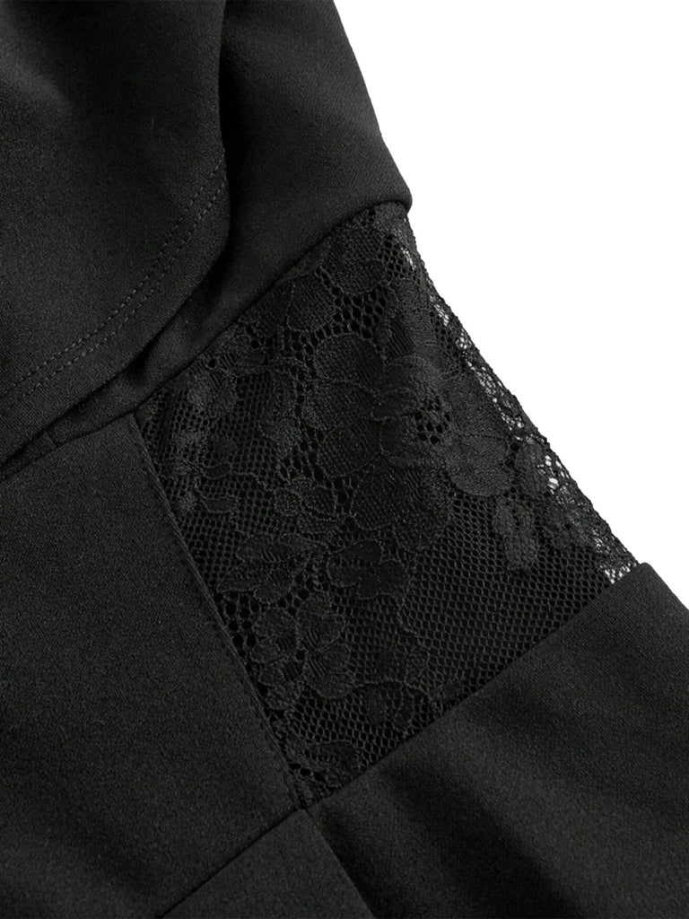 Black 1950s Cowl Neck Sheer Lace Patchwork Solid Jumpsuit - vintage jumpsuit, retro fashion, classic black