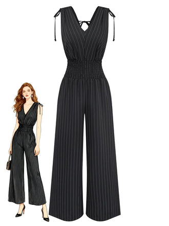Black 1950s Striped Tie Shoulder Smocked Waist Jumpsuit - vintage jumpsuit, retro fashion, classic black