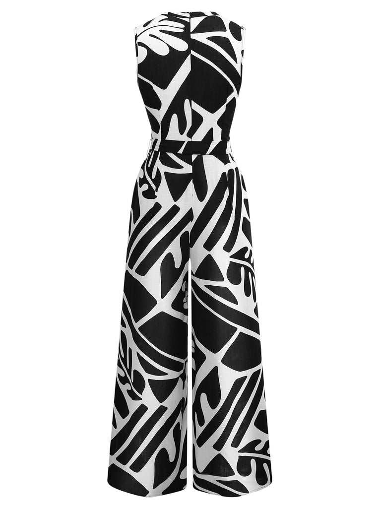 Black & White 1950s Plants Silhouette Belted Jumpsuit - vintage jumpsuit, retro fashion, classic black
