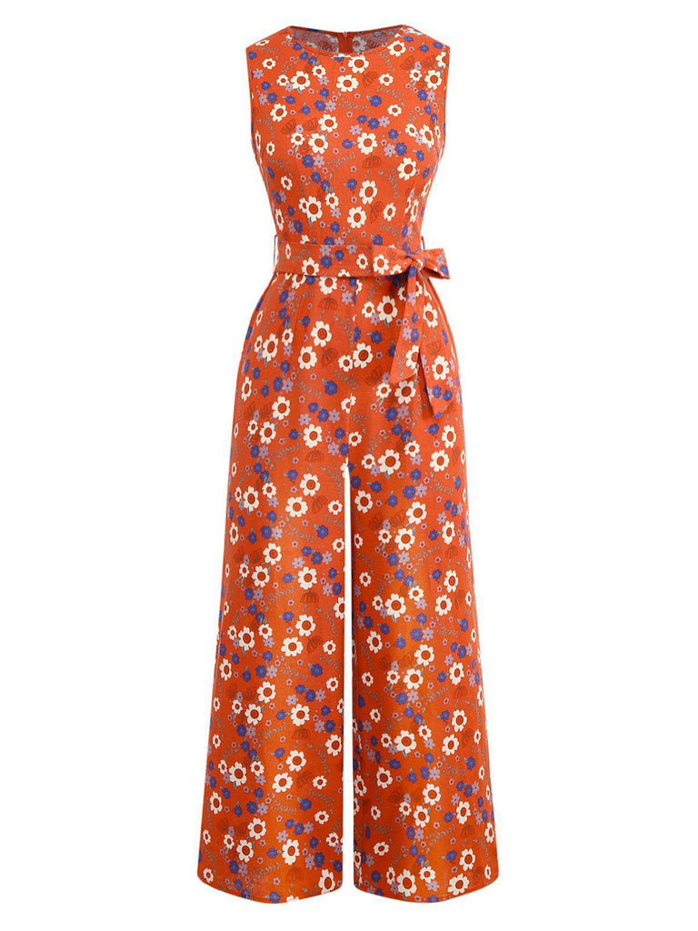 1950s Cotton Sleeveless All-Over Floral Belted Jumpsuit - vintage jumpsuit, retro fashion