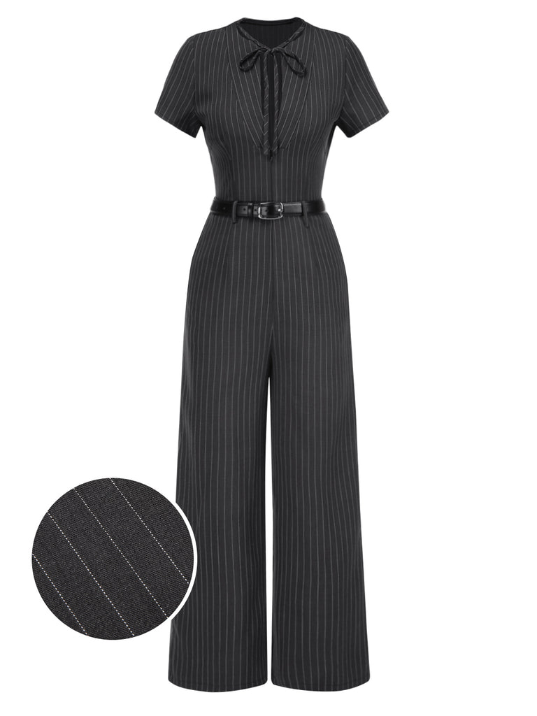 Dark Gray 1950s Striped Office Style Belted Jumpsuit - vintage jumpsuit, retro fashion