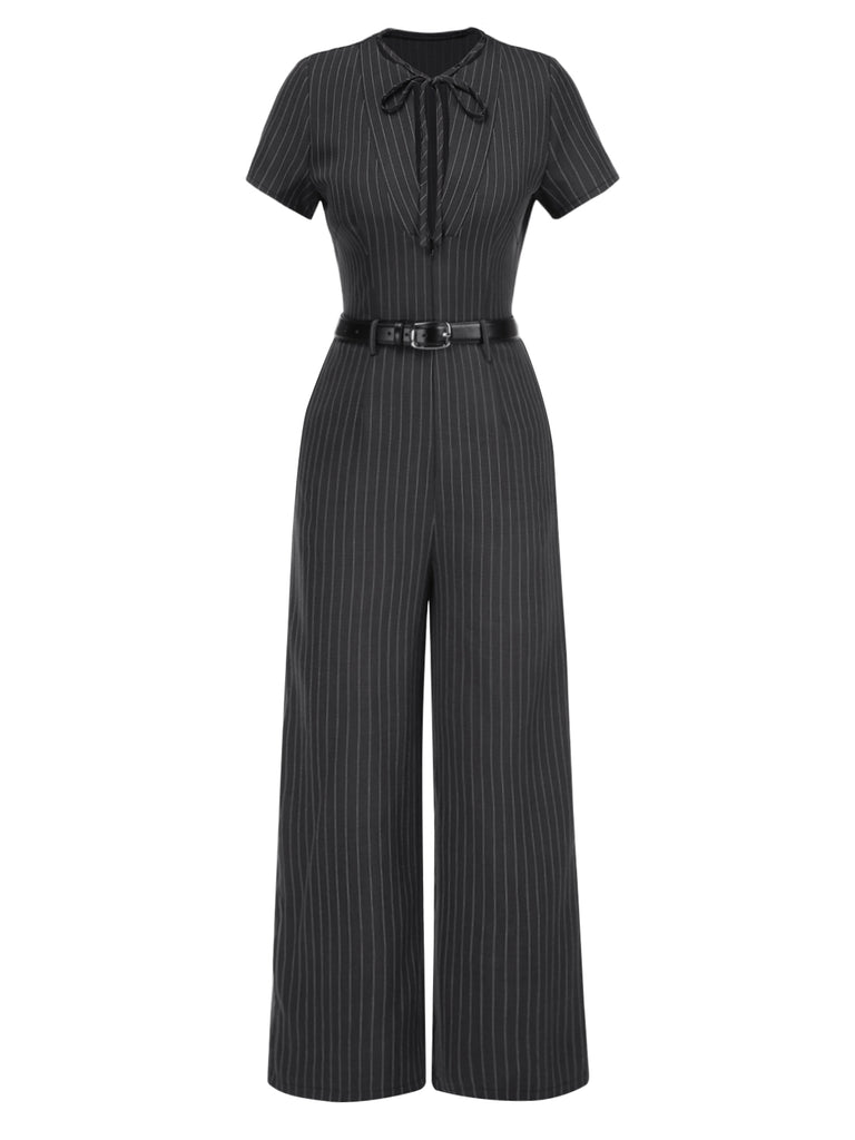 Dark Gray 1950s Striped Office Style Belted Jumpsuit - vintage jumpsuit, retro fashion