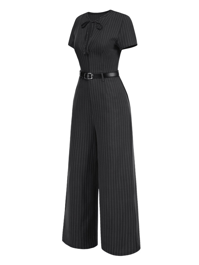 Dark Gray 1950s Striped Office Style Belted Jumpsuit - vintage jumpsuit, retro fashion
