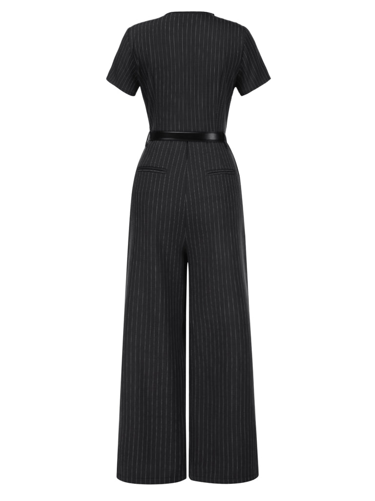 Dark Gray 1950s Striped Office Style Belted Jumpsuit - vintage jumpsuit, retro fashion