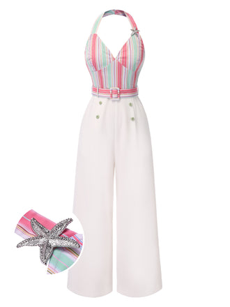 1950s Halter Starfish Colorful Stripes Belted Jumpsuit - vintage jumpsuit, retro fashion
