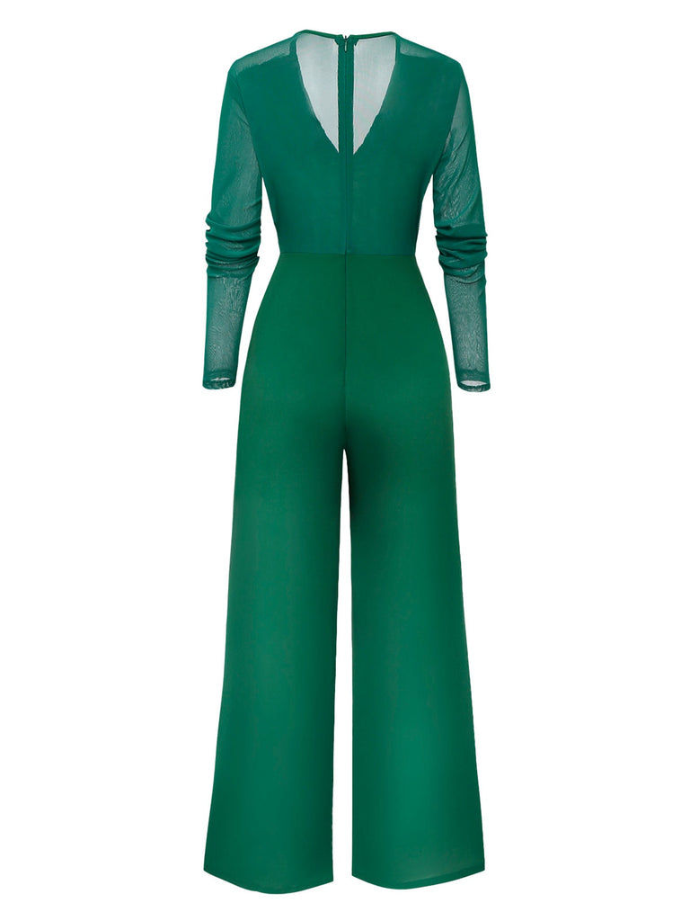 1950s Solid Deep V-Neck Ruffled Sheer Sleeve Jumpsuit - vintage jumpsuit, retro fashion