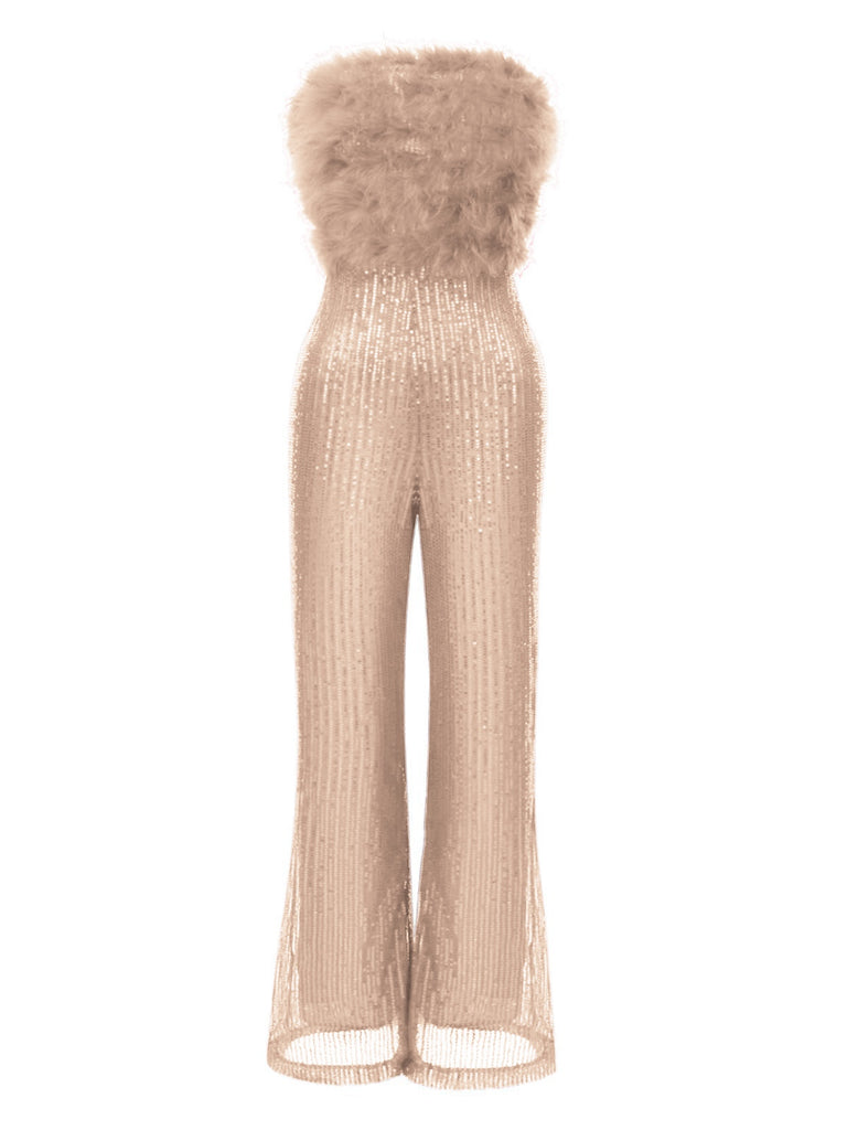 1950s Solid Feather Sequin Patchwork Strapless Jumpsuit - vintage jumpsuit, retro fashion