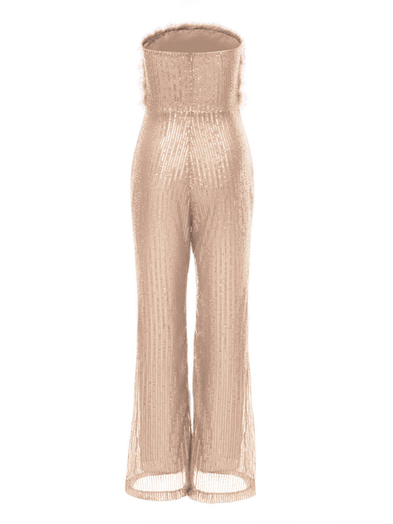 1950s Solid Feather Sequin Patchwork Strapless Jumpsuit - vintage jumpsuit, retro fashion