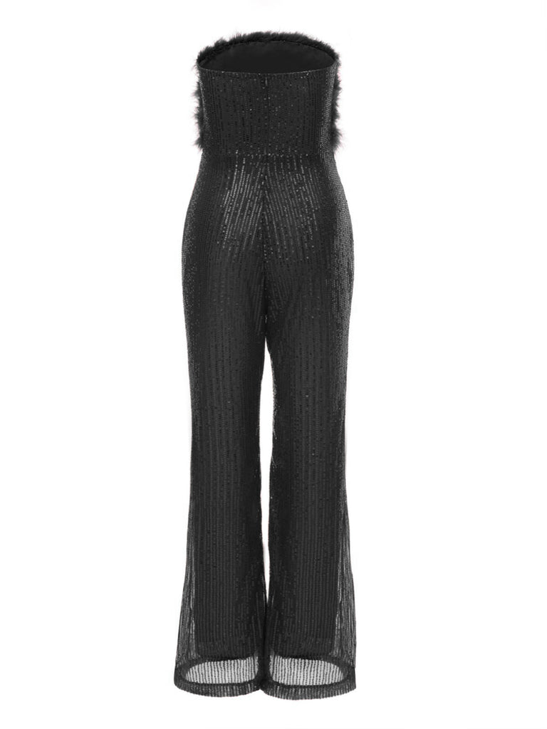1950s Solid Feather Sequin Patchwork Strapless Jumpsuit - vintage jumpsuit, retro fashion