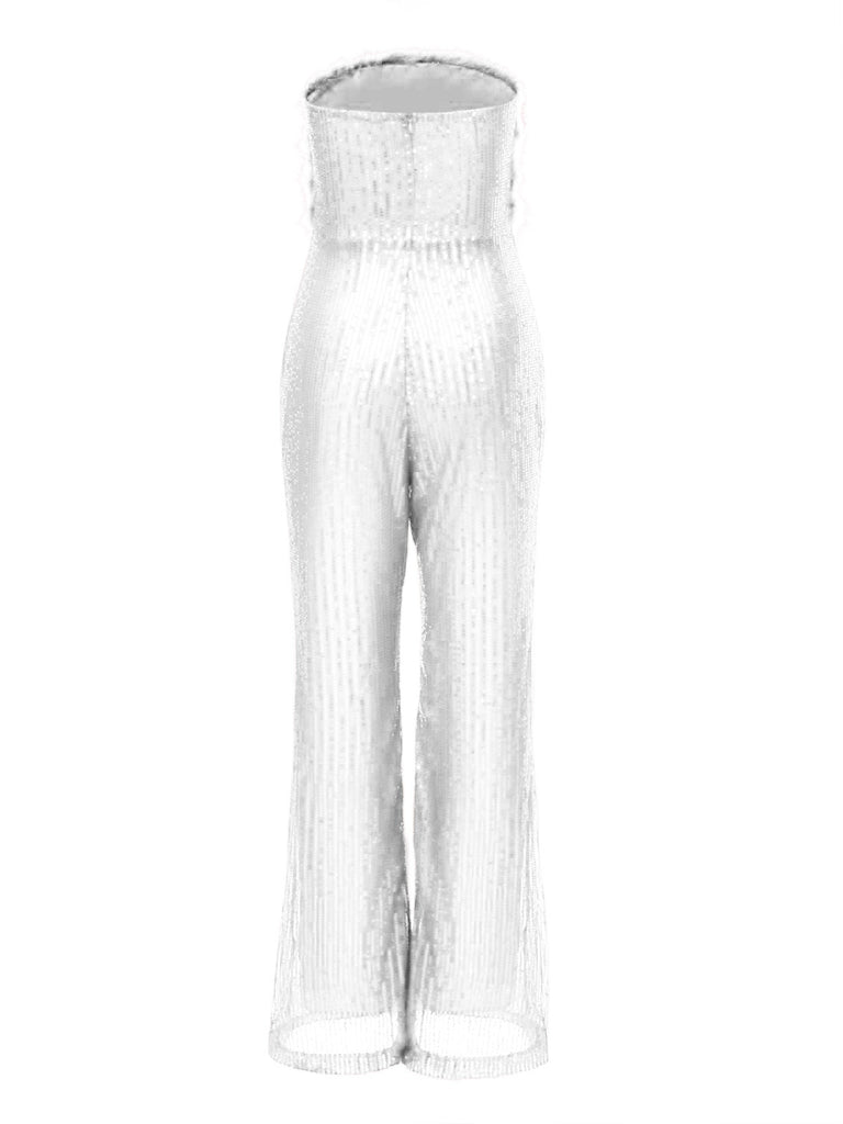 1950s Solid Feather Sequin Patchwork Strapless Jumpsuit - vintage jumpsuit, retro fashion