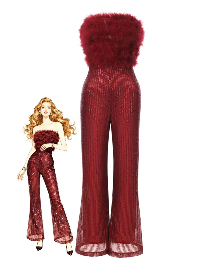 1950s Solid Feather Sequin Patchwork Strapless Jumpsuit - vintage jumpsuit, retro fashion