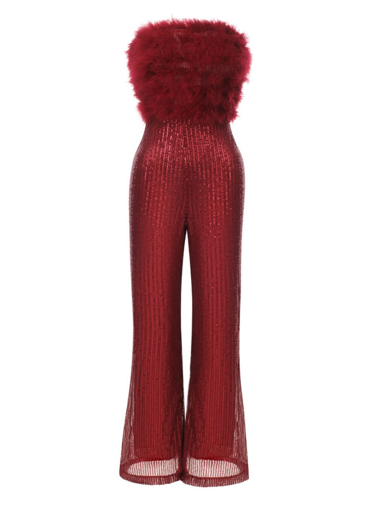 1950s Solid Feather Sequin Patchwork Strapless Jumpsuit - vintage jumpsuit, retro fashion