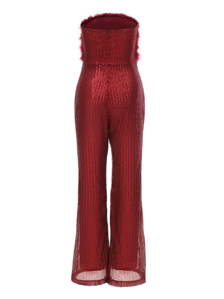 1950s Solid Feather Sequin Patchwork Strapless Jumpsuit - vintage jumpsuit, retro fashion