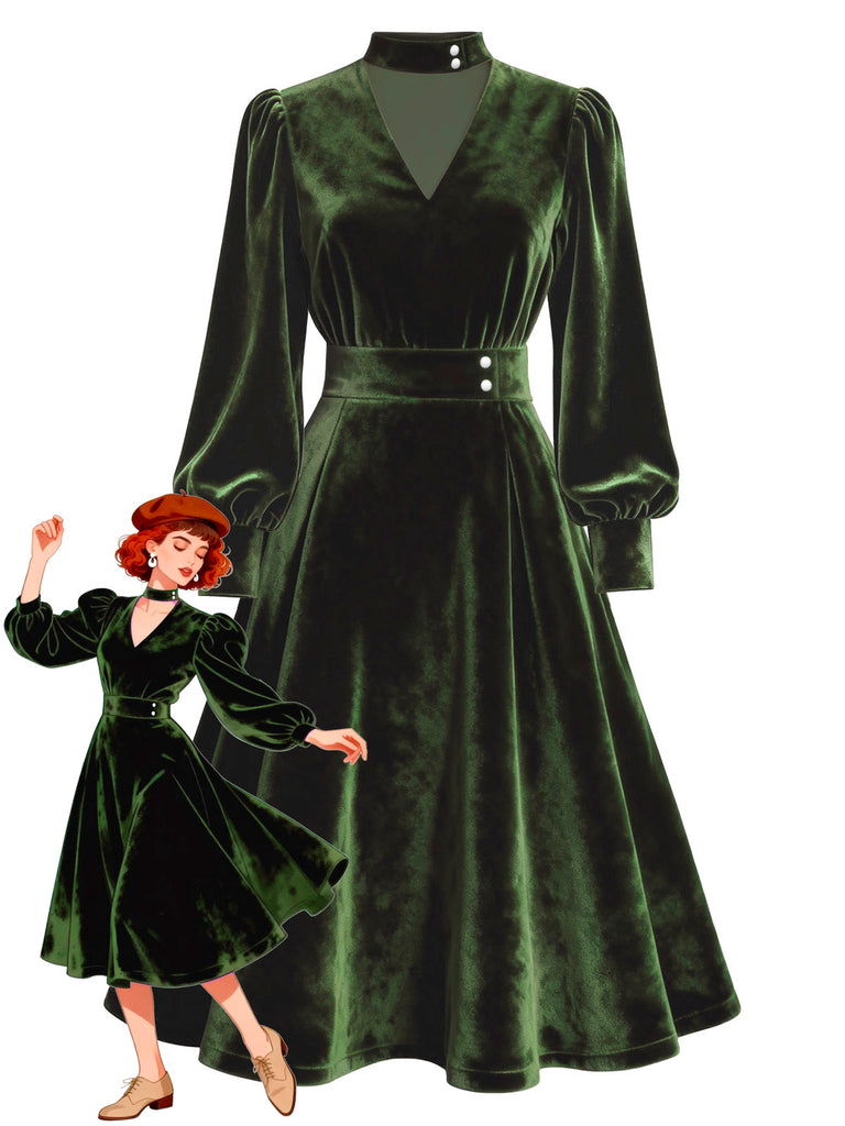 Retro Green Velvet Christmas Dress | A-Line Swing Cocktail Dress with Pearl Button Waist Retro Green Velvet Christmas Dress | A-Line Swing Cocktail Dress with Pearl Button Waist