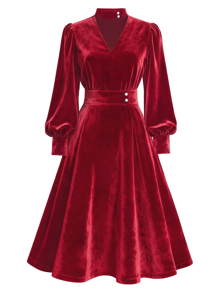 Retro Stage Red Velvet Fit-And-Flare Dress | Vintage Inspired V-Neck Midi Retro Stage Red Velvet Fit-And-Flare Dress | Vintage Inspired V-Neck Midi