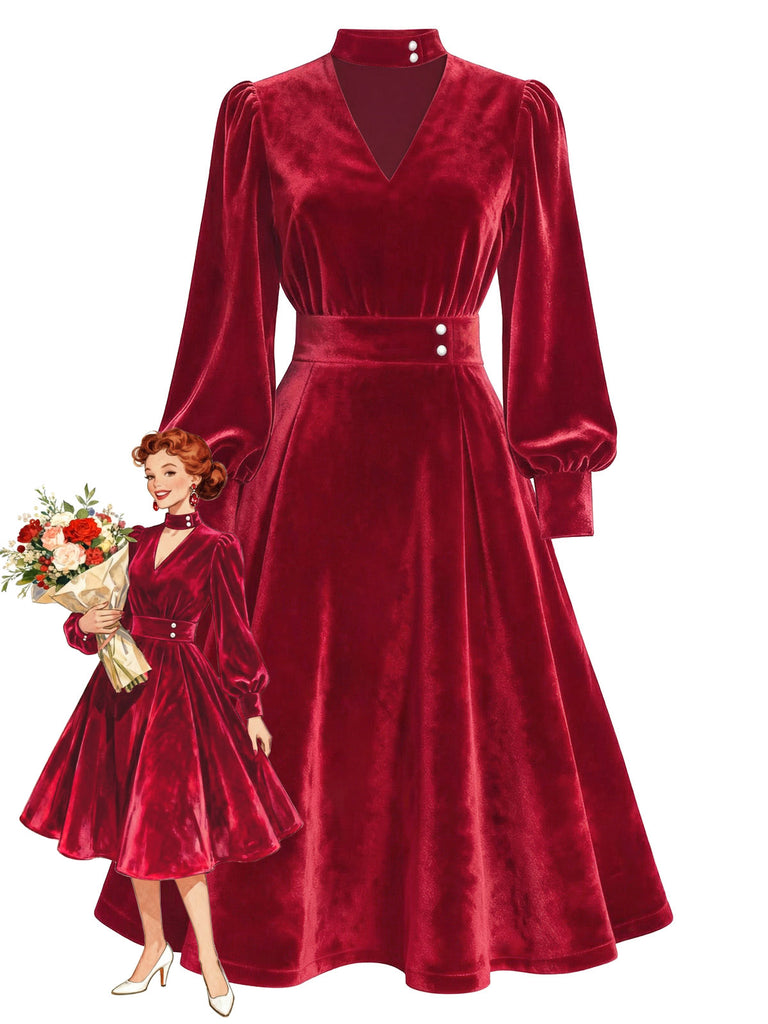 Retro Stage Red Velvet Fit-And-Flare Dress