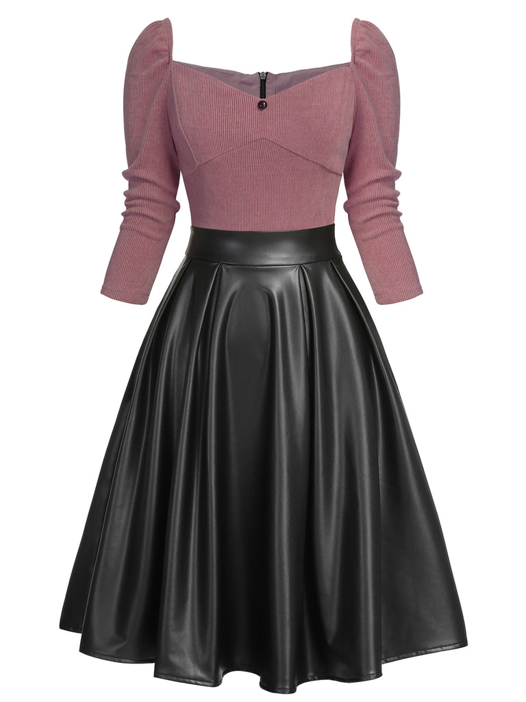 Retro Stage Sweetheart Puff Sleeve Black PU Leather Pleated Midi Dress | Autumn Winter Outfit Retro Stage Sweetheart Puff Sleeve Black PU Leather Pleated Midi Dress | Autumn Winter Outfit