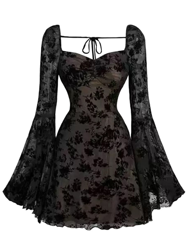 Black Gothic Flocked Velvet Mini Dress