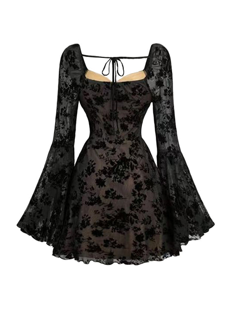 vintage black dress with sleeves Gothic Flocked Velvet Mini Size:32 - 40 front buttons Black Maxi Dress - product-sport:SWIMWEAR