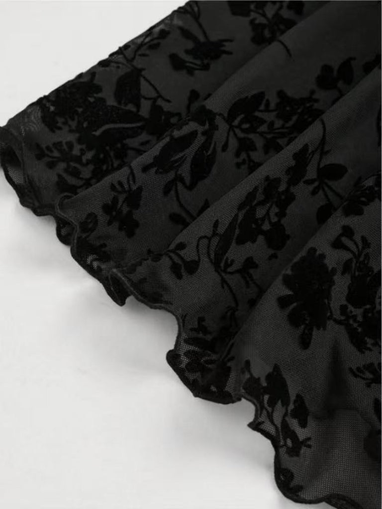 Black Gothic Flocked Velvet Mini Dress | Square Neck Bell Sleeve Party Dress Black Gothic Flocked Velvet Mini Dress | Square Neck Bell Sleeve Party Dress