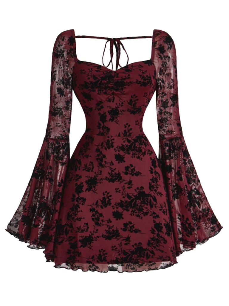 Black Gothic Flocked Velvet Mini Dress | Square Neck Bell Sleeve Party Dress Black Gothic Flocked Velvet Mini Dress | Square Neck Bell Sleeve Party Dress
