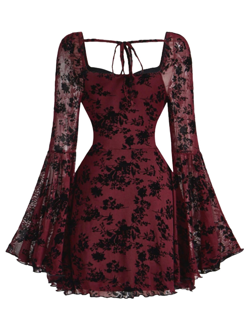 Retro Stage Burgundy Flocked Floral Mini Dress | Sheer Bell Sleeve Square Neck Retro Stage Burgundy Flocked Floral Mini Dress | Sheer Bell Sleeve Square Neck