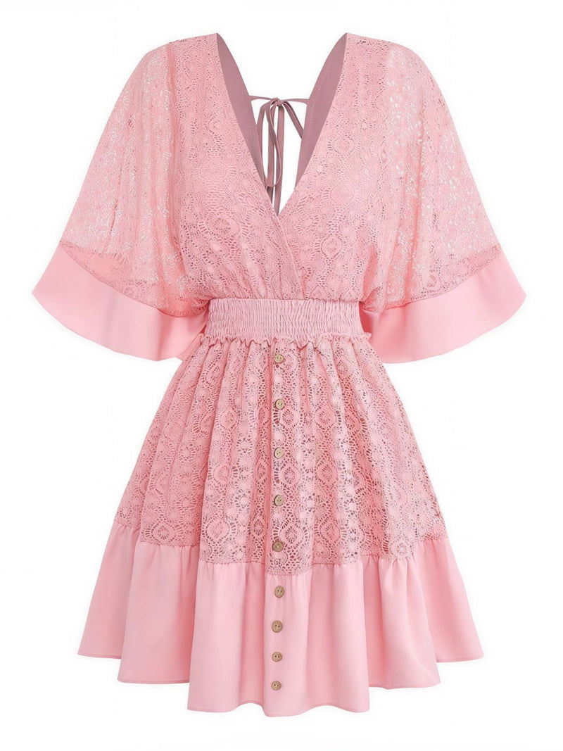 1970s Solid Lace Patchwork Batwing Sleeve V-Neck Dress