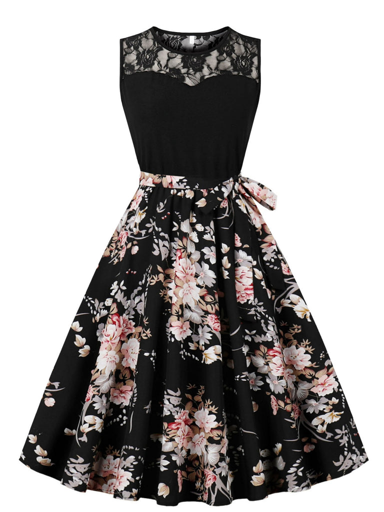 This 1950s Lace Patchwork Cherry Floral Sleeveless Dress wraps her in 1950s elegance, one twirl at a time