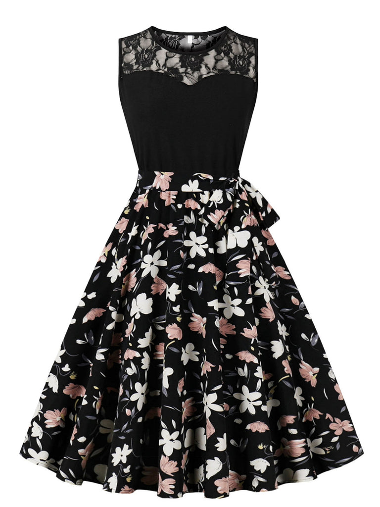 1950s Lace Patchwork Cherry Floral Sleeveless Dress — a 1950s silhouette that turns sidewalks into runways