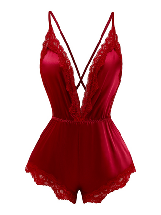 1950s Lace Satin Deep V Backless Sleep Romper - vintage jumpsuit, retro fashion