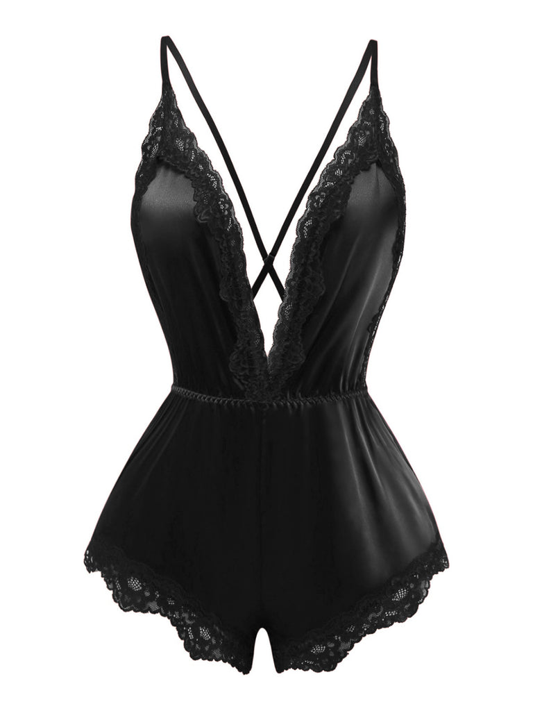 1950s Lace Satin Deep V Backless Sleep Romper - vintage jumpsuit, retro fashion