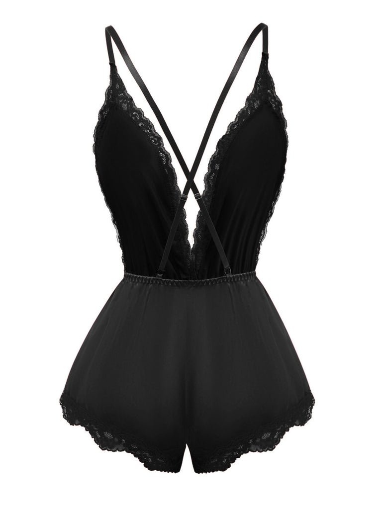 1950s Lace Satin Deep V Backless Sleep Romper - vintage jumpsuit, retro fashion