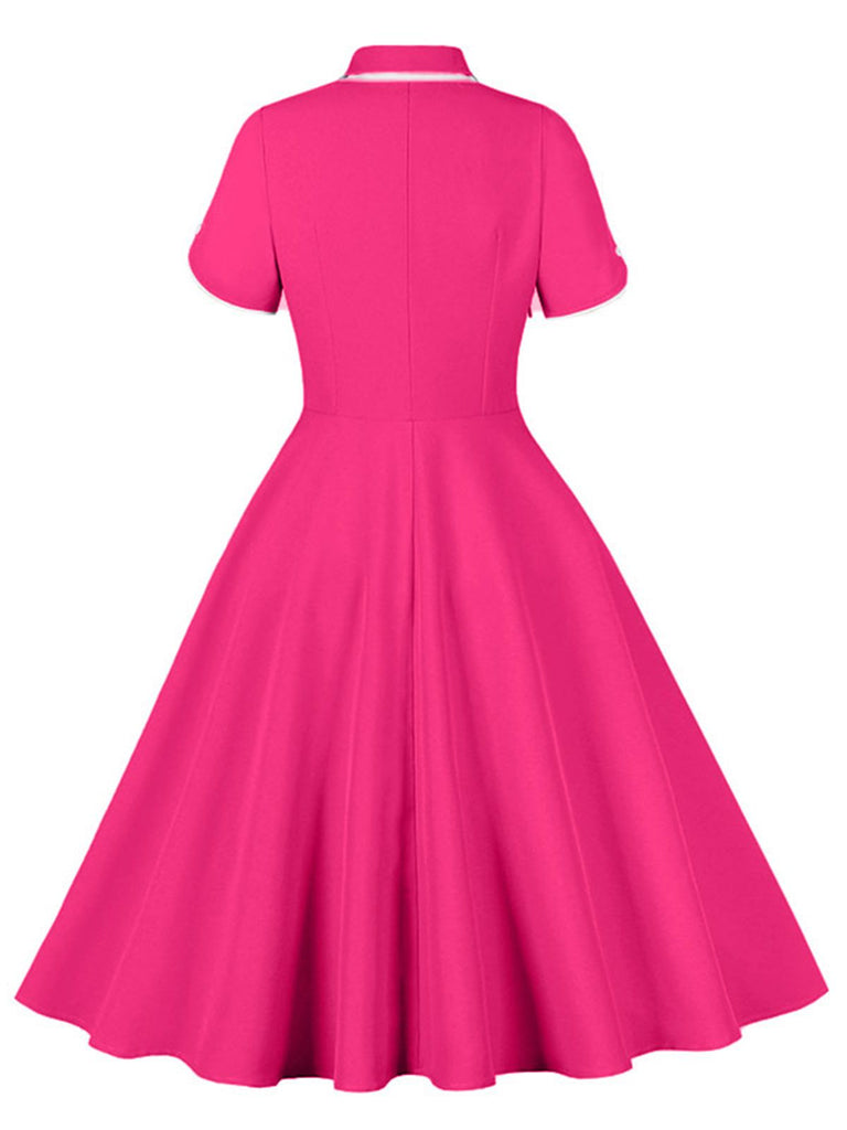 She slips into this 1950s Lapel Buttoned Short Sleeve Solid Dress and suddenly it's a 1950s daydream