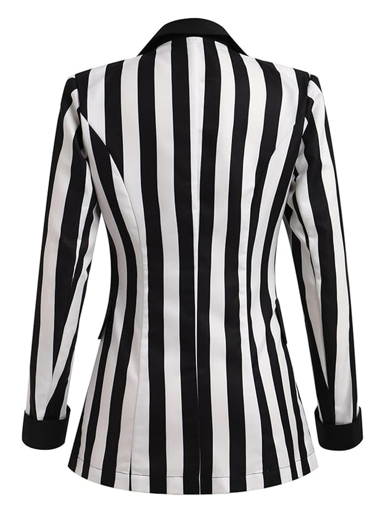 1950s Lapel Contrast Black & White Stripes Blazer — 1950s style that speaks before she does