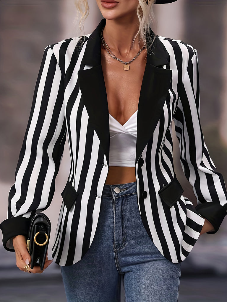 1950s Lapel Contrast Black & White Stripes Blazer — 1950s sophistication that wraps her in quiet power