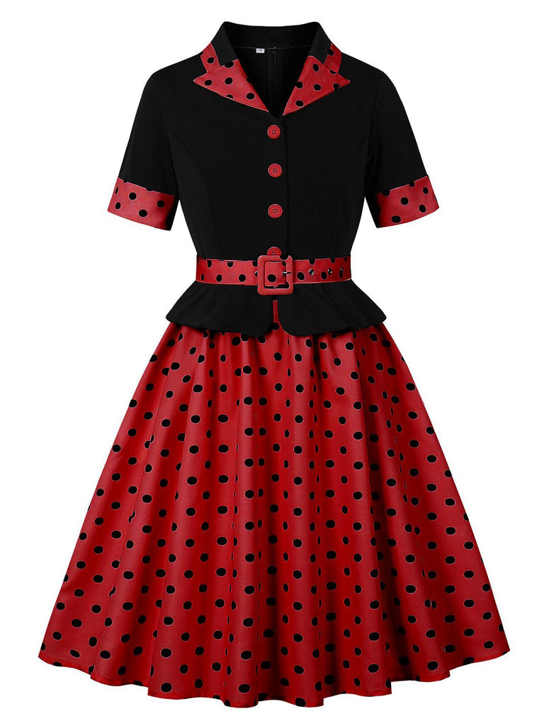1950s Lapel Polka Dot Patchwork Swing Belted Dress - vintage dress, retro fashion, rockabilly