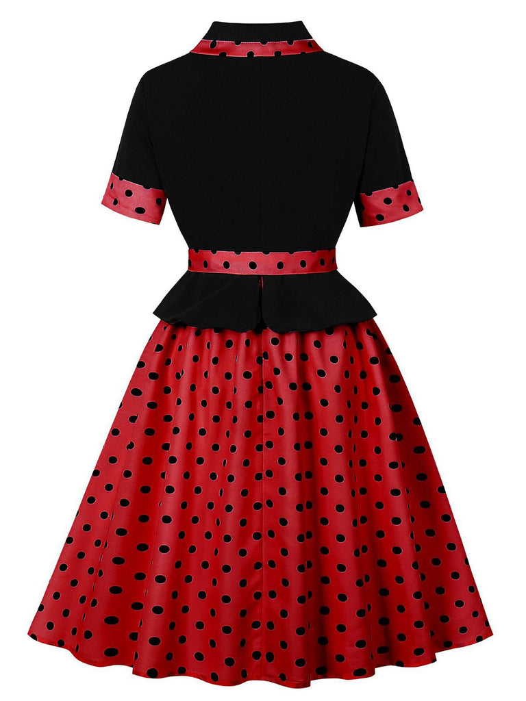 1950s Lapel Polka Dot Patchwork Swing Belted Dress - vintage dress, retro fashion, rockabilly