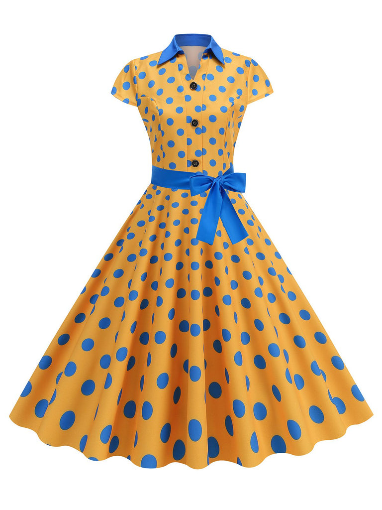 1950s Lapel Polka Dots Bow Swing Dress — a 1950s silhouette that turns sidewalks into runways