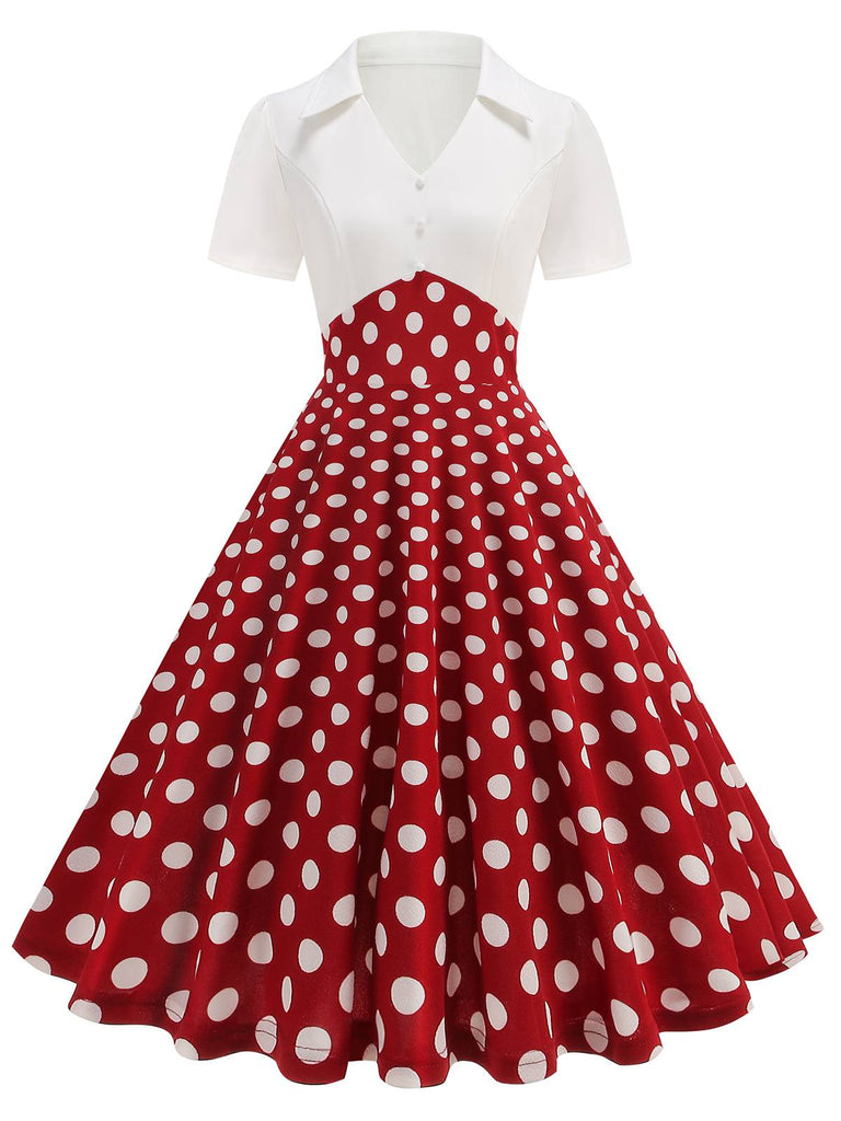 She slips into this 1950s Lapel Polka Dots Patchwork Swing Dress and suddenly it's a 1950s daydream