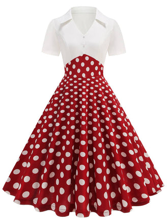 She slips into this 1950s Lapel Polka Dots Patchwork Swing Dress and suddenly it's a 1950s daydream