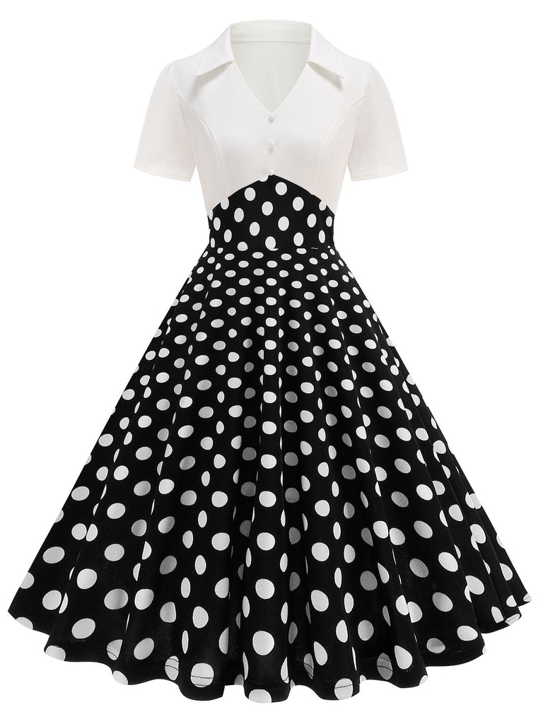1950s Lapel Polka Dots Patchwork Swing Dress — a 1950s silhouette that turns sidewalks into runways