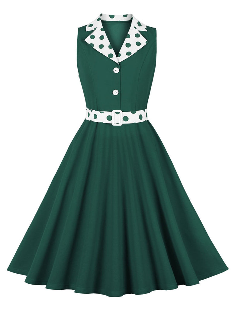 1950s Lapel Polka Dots Sleeveless Belted Dress, vintage dress, retro fashion, rockabilly, pin-up fashion - perfect for women who love vintage and retro fashion