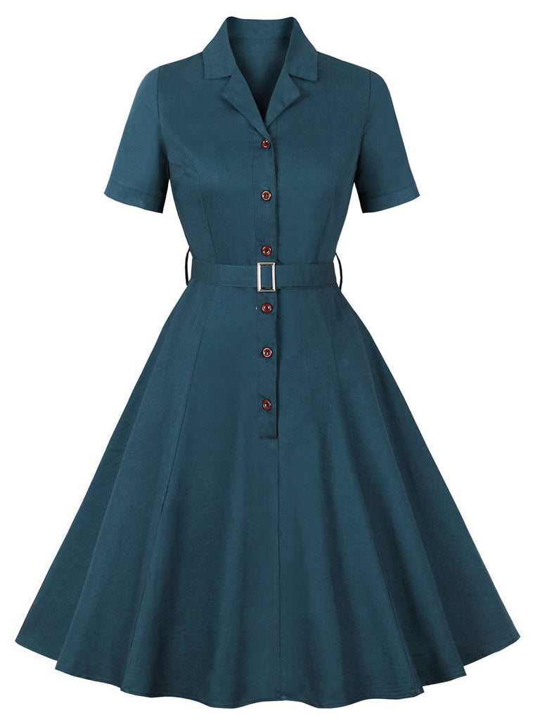 She slips into this 1950s Lapel Solid Buttons Belt Dress and suddenly it's a 1950s daydream
