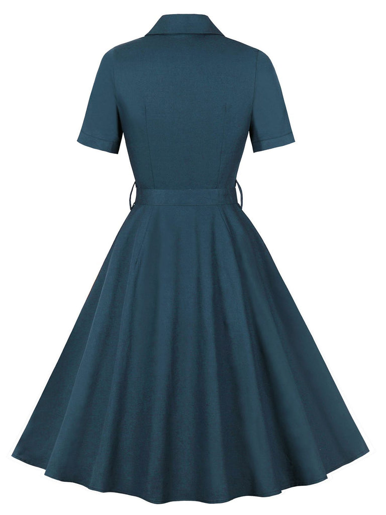 1950s Lapel Solid Buttons Belt Dress: where 1950s romance meets her modern spirit