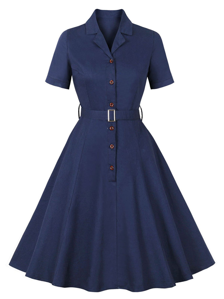 This 1950s Lapel Solid Buttons Belt Dress wraps her in 1950s elegance, one twirl at a time