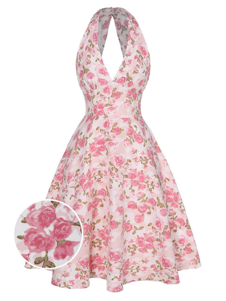 1950s-Lemon-Floral-Halter-V-Neck-Dress, vintage, retro, dress