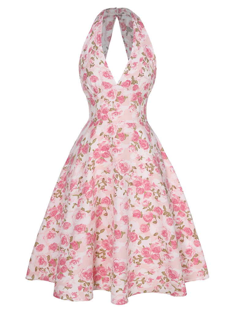 1950s-Lemon-Floral-Halter-V-Neck-Dress, vintage, retro, dress